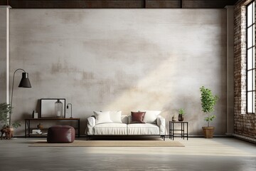 an industrial style loft interior with a blank wall mockup.