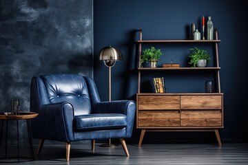Hipster style retro furniture in a dark blue home interior.