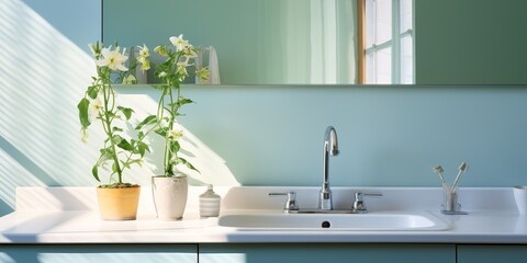 Fototapeta na wymiar AI Generated. AI Generative. White modern minimal white luxury sink bathroom kitchen with mirror and plant flower. Graphic Art