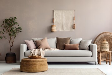 a gray sofa with boho style decor against a cream colored wall.