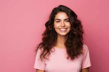 Fototapeta premium A Smiling Woman In A Pink Shirt Against A Pink Background