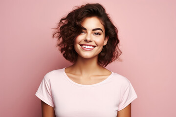 Fototapeta premium Beautiful Young Happy Italian Woman On Pink Background