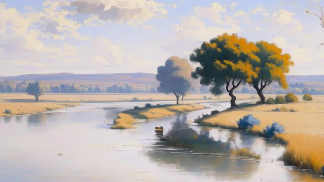 A painting of a river with trees