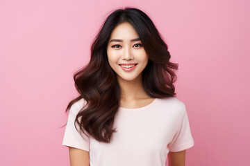 Fototapeta premium Beautiful Young Happy Korean Woman On Pink Background