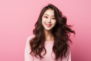 Fototapeta premium Beautiful Young Happy Korean Woman On Pink Background
