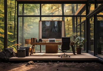 Outdoor office in the forest with mock up poster frame. Stylish composition of home garden interior filled a lot of beautiful plants.Office gardening concept Home jungle.
