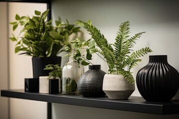 Contemporary monochrome interior design and indoor greenery displayed on a black shelf against a white wall.