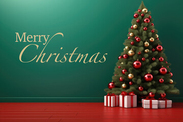 Big beautiful christmas tree decorated with gift boxes under the tree , space for text Generative AI