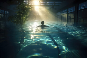 Woman Swimming In Pool At Night
