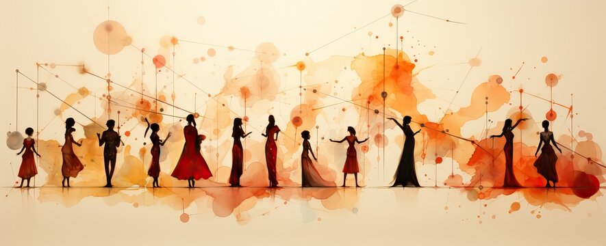 th&eacute;rapie familiale, constellation familiale,silhouettes stylis&eacute;es qui semblent danser ou interagir entre elles. Les figures se d&eacute;tachent sur un fond d'&eacute;claboussures abstraites, ia g&eacute;n&eacute;rative