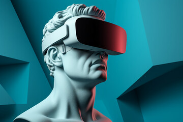 Generative ai collage photo of guy gamer using device gadget for virtual reality simulation