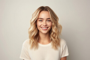 Obraz premium Generative AI portrait attractive young blonde hair girl smiling beauty concept isolated pastel color wall background