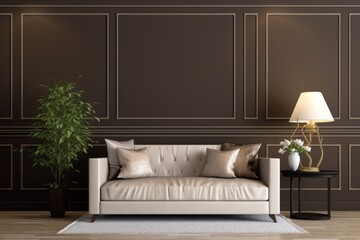 Brown wall and decorative corner in living room, with a white classic pattern door. Lamp and sofa for decoration.