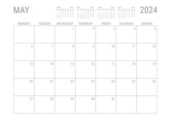 May Calendar 2024 Monthly Planner Printable A4 Monday Start - obrazy, fototapety, plakaty