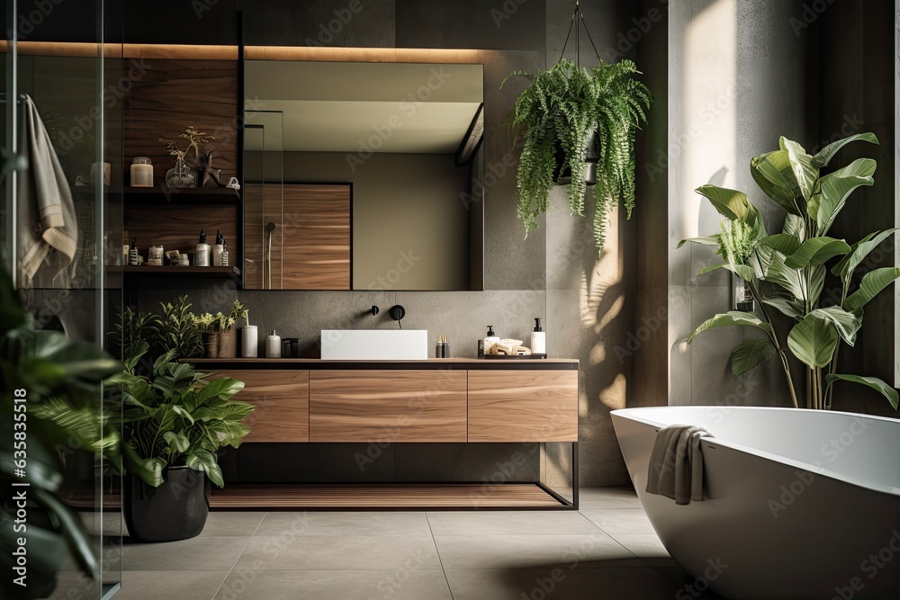 Wall mural Contemporary bathroom with light ambiance, modern decor, and wooden counter adorned with plants.