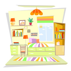 Fragment of the interior of a cartoon children's room with a window in bright colors isolated on a white background