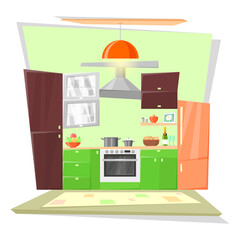 Fragment of an interior for a cartoon kitchen in green tones isolated on a white background