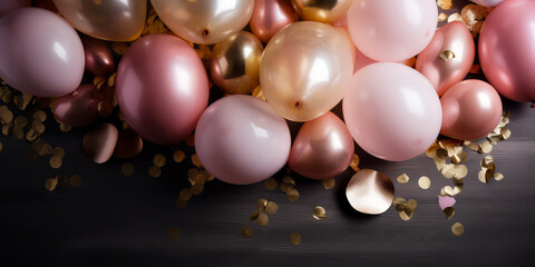 Pink balloons background with confetti, sparkles, lights. Anniversary. Banner for birthday, party, Christmas, New Year, promotion social media cover. top view, flat lay Generative Ai