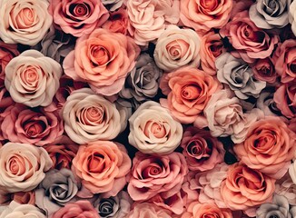 Pink roses background. Retro filter. SEAMLESS PATTERN. SEAMLESS WALLPAPER. Created with Generative AI technology.