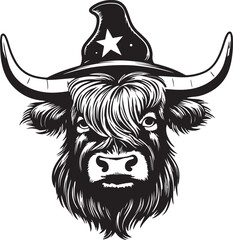 Highland Cow in a witch hat, Vintage halloween cow head, Vector illustration, SVG	