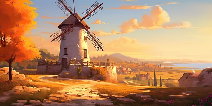 AI Generated. AI Generative. Vintage retru old windmill building nature outdoor countryside landscape background. Adventure trip journey background fall season