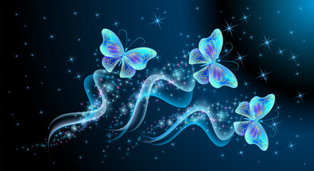 Fairytale night sky with magical butterflies with sparkling trail and glowing stars. Fantasy sparkle blue background.