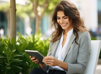 Fototapeta premium Portrait of a successful business woman using digital tablet in front of modern business building. Created with Generative AI technology.