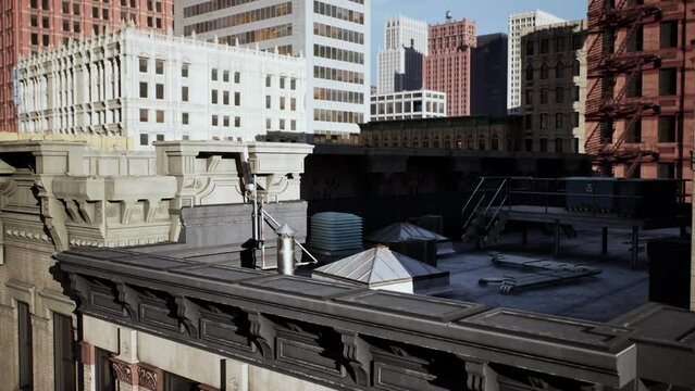 capturing the rooftops of high-rise buildings during a sunset in a metropolitan area