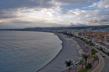 View on Promenade des Anglais in Nice, France in the evening