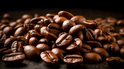 Roasted coffee beans scattered on a dark surface, closeup. Generative AI technology.
