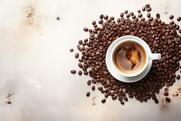 Fototapeta premium top view coffee cup with coffee beans on white table made with generative ai technology