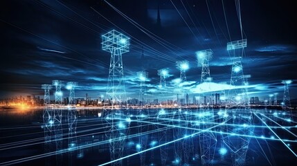Cyberspace Electricity. High power electricity poles in urban area with Smart Grid Connection. Perfect for Energy Supply & Distribution concept: Generative AI