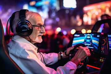 Fototapeta na wymiar Generative ai photo collage of professional aged person gamer playing automotive race game