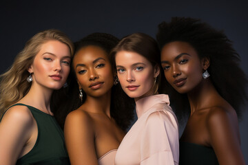 Fototapeta premium Generative AI portrait group of attractive female fashion models amazing appearance skin all races tones ethnicity