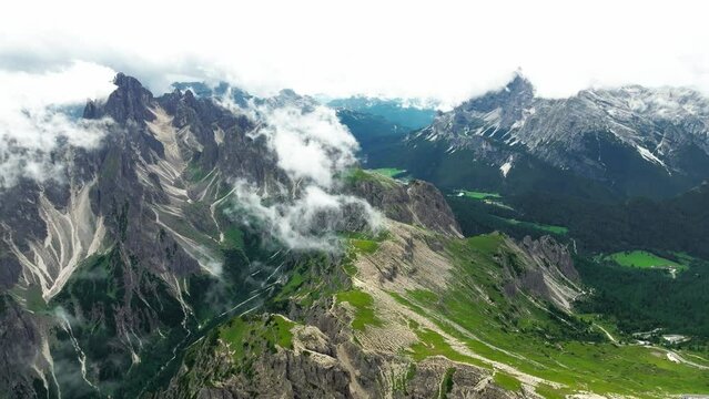 Aerial view Cadini di Misurina mountain group in Dolomites, Italy, part of Tre Cime di Levaredo national park and UNESCO world heritage site.