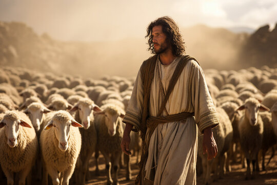 Generative Ai illustration Jesus is walking in meadow with sheep Jesus is shepherding religious symbol