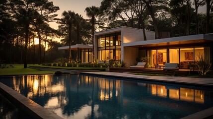 Fototapeta na wymiar Generative AI, View of swimming pool in front of a modern luxury house illuminated in the evening