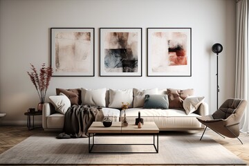 a contemporary living room with a modern poster frame.