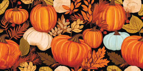 Autumn decorative seamless pattern with pumpkins and seasonal elements, acorns, plants, leaves - obrazy, fototapety, plakaty