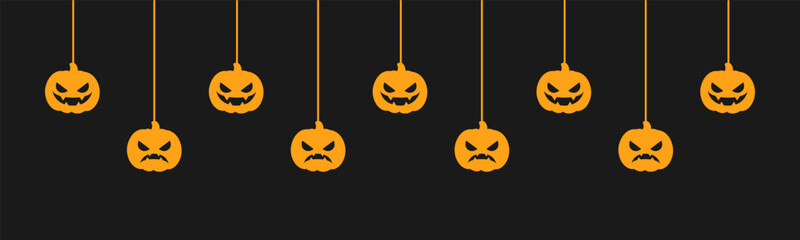 Happy Halloween banner or border with jack o lantern pumpkins silhouette. Hanging Spooky Ornaments Decoration Vector illustration, trick or treat party invitation