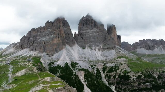 Tre Cime di Lavaredo rocks shoot from drone. South Tirol, Europe, Italy.