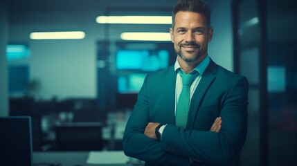 Portrait Attractive Middle Businessman wearing suit arms crossed and smiling over blur office background, Happy professional Confident CEO, leader of company, Business Financial concept, Generative AI