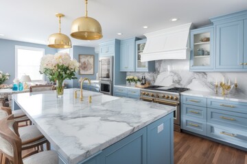 A fancy kitchen in Chicago has white and blue colors, gold hardware, stainless steel appliances, and white marbled granite countertops. - obrazy, fototapety, plakaty
