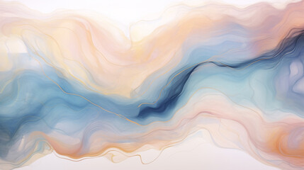 Obraz premium Abstract watercolor paint background illustration featuring a gentle fusion of soft pastel pink and blue colors, interwoven with graceful golden lines. The composition showcases a liquid, fluid marble