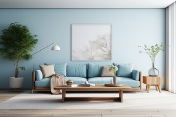 a modern living room interior mockup with sky blue accents in the d�cor and furniture.
