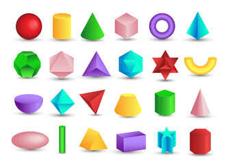Vector realistic 3D colorful geometric shapes isolated on white background. Maths geometrical figure form, realistic shapes model. Platon solid. Geometric shapes icons for education, business, design.