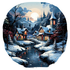 A cozy Christmas Candy cane t-shirt design featuring a charming winter village scene, with quaint cottages decorated with candy canes, Generative Ai