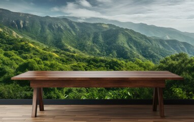 table background of free space for your decoration and blurred landscape of mountains.Blue sky with sun light and green small leaves. Created with Generative AI technology.