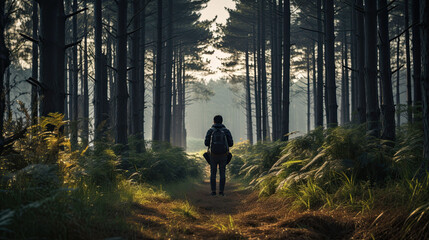 Fototapeta premium back view on a man in the forest between big trees.