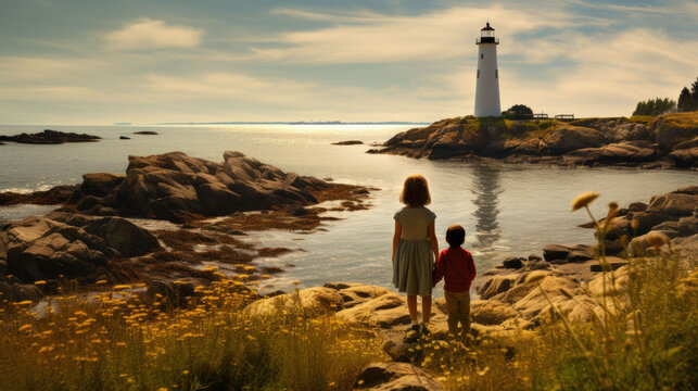 two small children on a coast, in the background is a lighthouse.